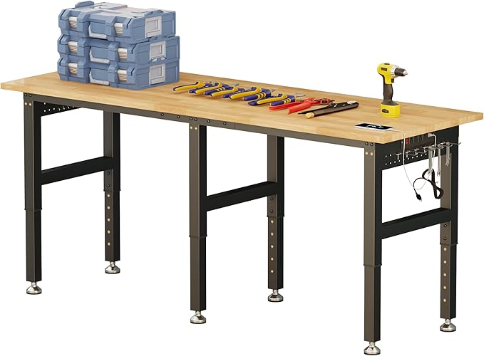 SPECRAFT 72“ Adjustable Heavy Duty Workbench with 4 AC Outlet and 2 USB Ports Power Outlets, 5000 Lbs Capacity, Rubber Wood Top for Garage, Workshop, Office
