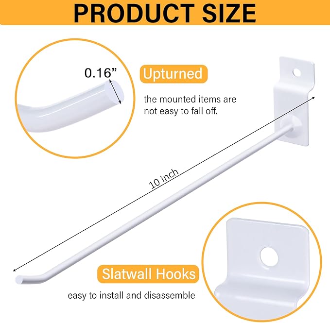 Moxweyeni 100 Pack Slatwall Hooks Slatwall Accessories Slat Wall Hanging Pegboard Hangers Slat Board Display Hooks for Retail Garage Organization Gridwall, White(9.8 Inch)