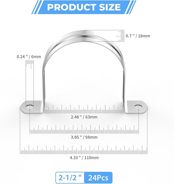 24pc 2 1/2 Inch (63mm) 304 Stainless Steel Conduit Clamps, U-Tube Pipe Clamp 2 Hole Strap U Bracket Rigid Pipe Metal Conduit Strap Tension Clips