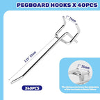 40Pcs 4" /100mm Stainless Steel Pegboard Display Hooks Bulk Set, Silver Garage Organization Peg Wall Hook Metal Slatwall Panel Hook Fit 1/8 and 1/4 Inch Pegboard for Retail
