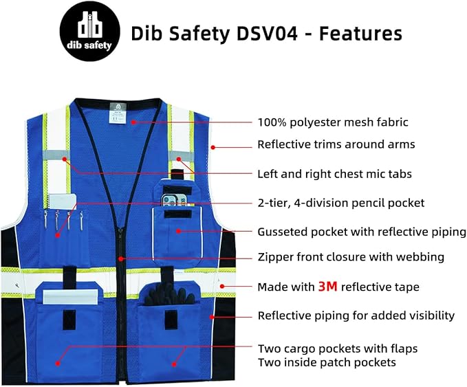 Dib Safety Vest Reflective Blue Mesh, High Visibility Vest with Pockets and Zipper, Heavy Duty Vest Made with 3M Reflective Tape L
