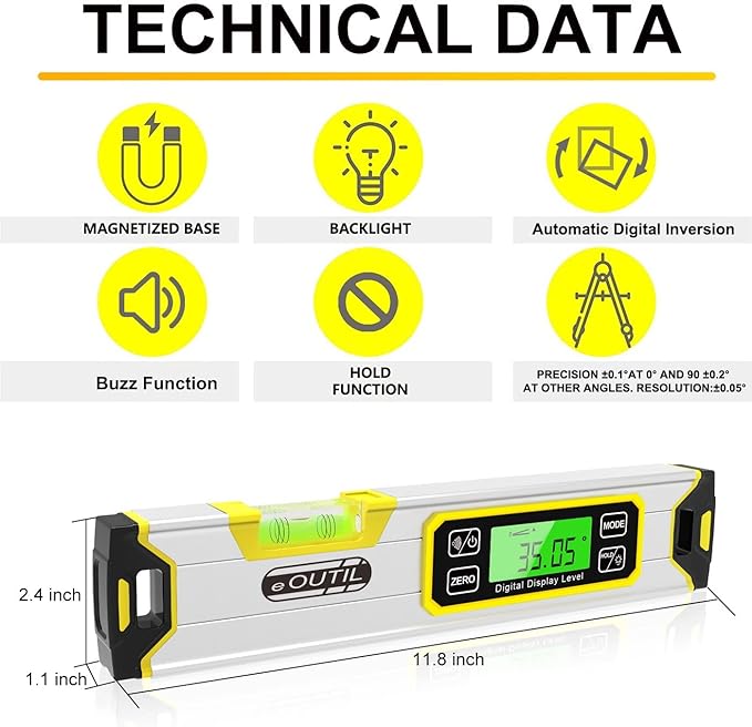 Digital Level and Protractor, 12 Inch IP54 Protected Electronic Bubble Inclinometer Angle Finder with Large LED Backlight and Magnetized V-Groove Base(Yellow