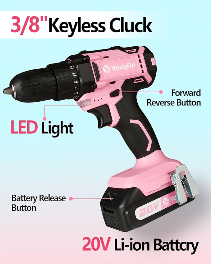 Yougfin Cordless Drill Set, 20V Power Drill Driver With Battery & Charger, 3/8'' Keyless Chuck, Variable Speed, 25+1 Torque Setting, Pink & Black