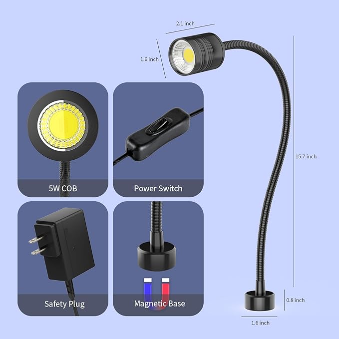 Led Magnetic Work Light 400mm Flexible Gooseneck lamp 500 Lumens 120 Volt for Sewing Machine Lathe Milling Drill Press Industrial Lighting (Aluminum Alloy lamp Head-1)
