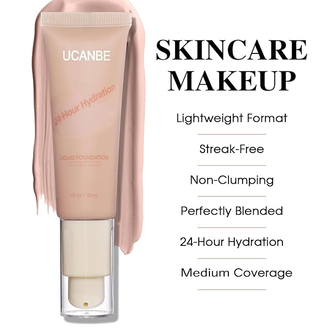 UCANBE Matte Liquid Foundation with Brush, Serum Foundation Face Makeup with Hyaluronic Acid, Medium to Full Coverage Waterproof Oil Control Longwear, for Mature Skin, Natural Ivory, 1 fl. oz.-VeraVaultWomen