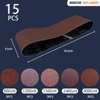15 Pcs 4 x 36 Inch Assorted Aluminum Oxide Sanding Belt,80/120/150/240/400 Grit