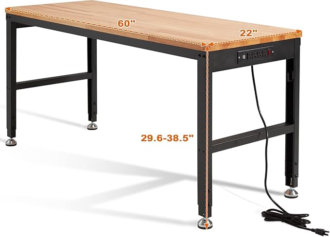 Haddockway Adjustable Workbench for Garage, 60" x 22" Rubber Wood Top Worktable with Power Outlets, Max 2000 Lbs Load Capacity Heavy Duty Workstation for Workshop Office Home (Black Frame, 60in)