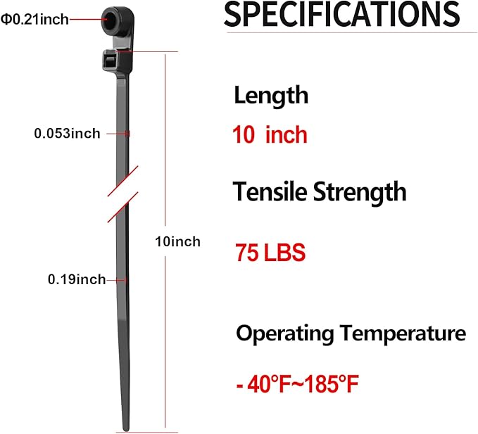 200 PCS 10 inch Black Zip Ties with Screw Hole 70lbs Mountable head Cable Ties Straps Multipurpose Heavy Duty Nylon Cable Zip Ties with Screw Mounting Hole