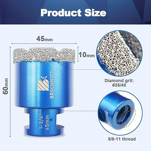 1-3/4 Inch Diamond Core Drill Bit for Porcelain Tile Ceramic Marble Granite Drilling,BRSCHNITT 2pcs Vacuum Brazed Diamond Hole Saw with 5/8-11 Thread (45mm 2pcs)