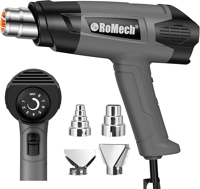 ROMECH Heat Gun, Heavy Duty Fast Heating, Variable Control 120°F~1200°F (50℃-500℃) 4 Nozzles Heat Gun for Crafting, Shrink Tubing,Vinyl Wrap(Gray)