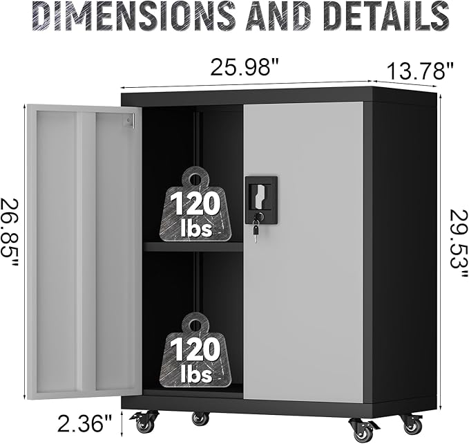 Metal Garage Storage Cabinet with Wheels,31.89" H Steel Lockable Cabinet with 2 Doors and 1 Adjustable Shelf, Small Rolling Cabinets for Home Office, Garage, BlackGrey