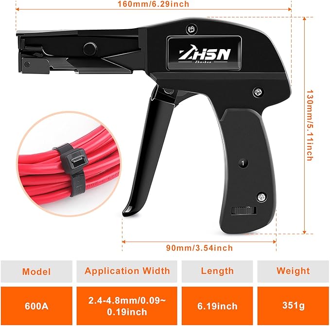 Zhushan Fastening Tie Wrap Gun with Adjustable Tension and Built-In Flush Cutter for 0.09-0.19 inch Nylon Cable Tie Tightening - Professional Grade Cable Zip Tie Tool