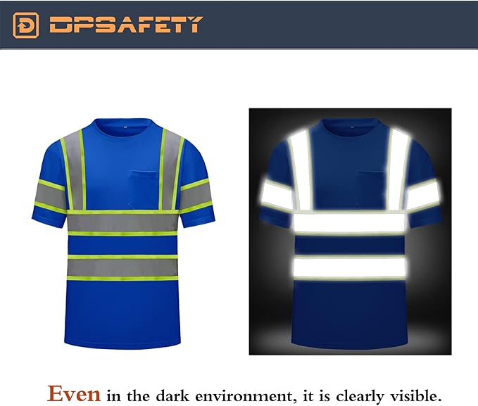 High Visibility Shirts Quick Dry Safety T Shirts with Reflective Strips and Pocket Short Sleeve Mesh Hi Vis Construction Work Class 2 Shirt for Men/Women Blue,XL