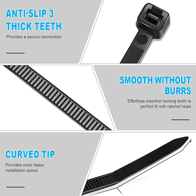 Zip Ties Assorted Sizes, RAZCC 400 Pack (8+12+14+18Inch) Black Cable Ties, Self-Locking Plastic Wire Ties with 100lb Tensile Strength, Black Nylon Zip Ties for Indoor and Outdoor