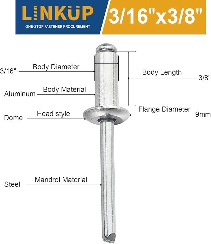 Linkup 160pcs pack 3/16" x 3/8" Pop blind Rivets, 4.8mm x 10mm pop rivets,Aluminum Body Steel Mandrel Rivets (Sliver),Dome Head aluminum rivets