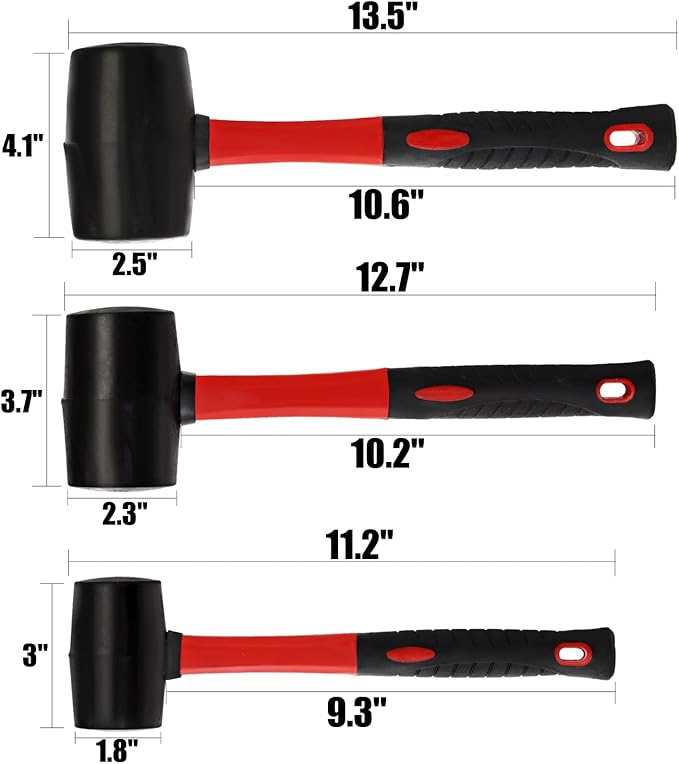 Peohud 3 Pack Rubber Mallet Hammer, 24/16/8 Oz Durable Camping Hammer with Fiberglass Handle, Soft Blow Mallet for Flooring, Tent Stakes, Woodworking, Construction and Home Renovation