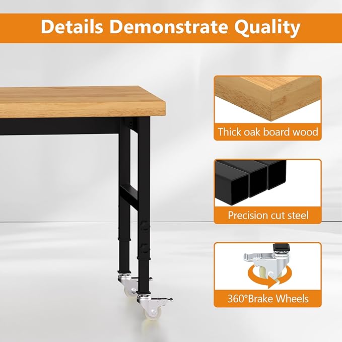 48" Work Bench, Adjustable Height Work Table with Power Outlets and Wheels, 2000 Lbs Capacity Heavy-Duty Hardwood Top Workstation for Garage, Workshop, Office, Home