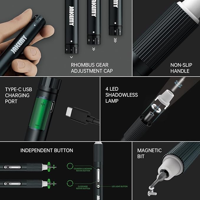 Mini Electric Screwdriver,JAKEMY Adjustable Torque Power Screwdriver Dual-mode Cordless Magnetic Precision Torx Screwdriver Bit Repair Tool kit USB Rechargeable with LED light for Electronics Consoles