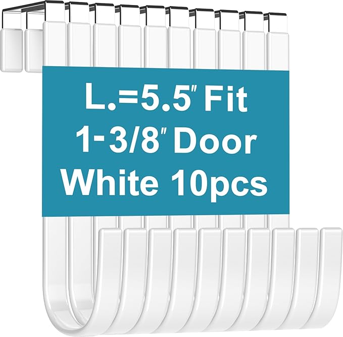 Over The Door Metal Hooks with Plastic Coating 5.5" Fit 0.5" to 1 3/8" Door 10 Pcs Heavy Duty Single Towel Robe Rack Wreath Bathroom Shower Hanger Shoe Organizer Ironing Board Short White
