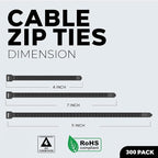 BEST CONNECTIONS Black Cable Zip Ties 300 Pack Assorted Sizes 4+7+11 Inch (100 Pack Each) – Multi-Purpose Self-Locking Nylon Wire Ties with 50 Lbs Tensile Strength – Cable Management