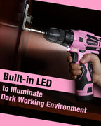 WORKPRO Pink Cordless Drill Driver Set, 12V Electric Screwdriver Driver Tool Kit, 3/8" Keyless Chuck, Charger and Storage Bag Included - Pink Ribbon