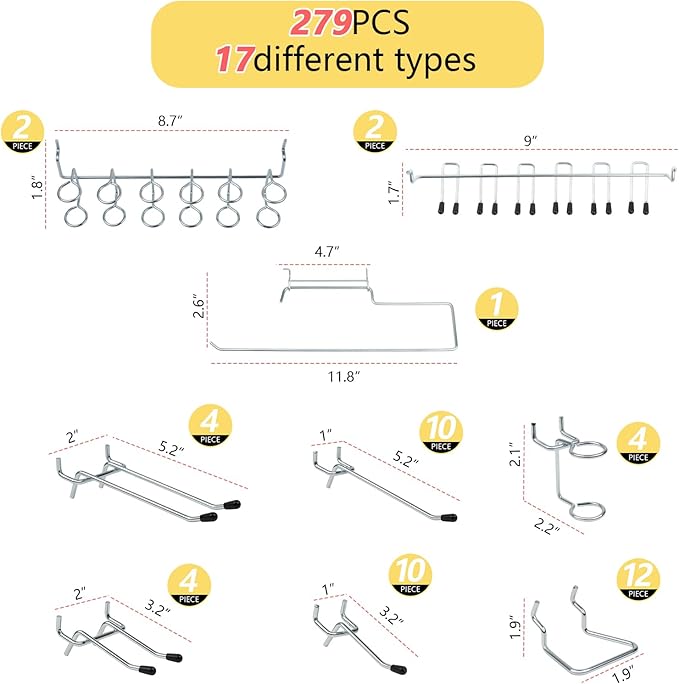 279PCS Metal Pegboard Hooks Organizer Kit for Organizing Various Tools - Heavy Duty 1/4" & 1/8" Pegboard Accessories with Pegboard Bins, Wall Mount Tool Storage for Garage, Workshop & Kitchen