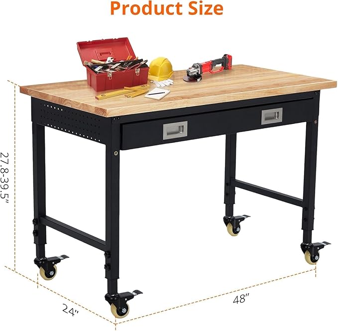 48x24 Inch Garage Workbench with Wheels, Adjustable Rubber Wood Top Garage Workbench with Power Outlet, 2000 Lbs Load Capacity, for Workshop, Woodworking, Office, Home.