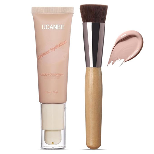 UCANBE Matte Liquid Foundation with Brush, Serum Foundation Face Makeup with Hyaluronic Acid, Medium to Full Coverage Waterproof Oil Control Longwear, for Mature Skin, Natural Ivory, 1 fl. oz.-VeraVaultWomen