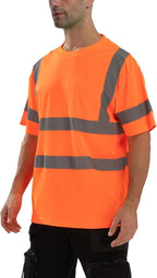 High Visibility Class 3 T Shirts，Hi Vis Safety Shirts with Reflective Strips and Pocket, Short Sleeve Quick Dry Mesh Construction Work Shirt for Men/Women Orange,Small