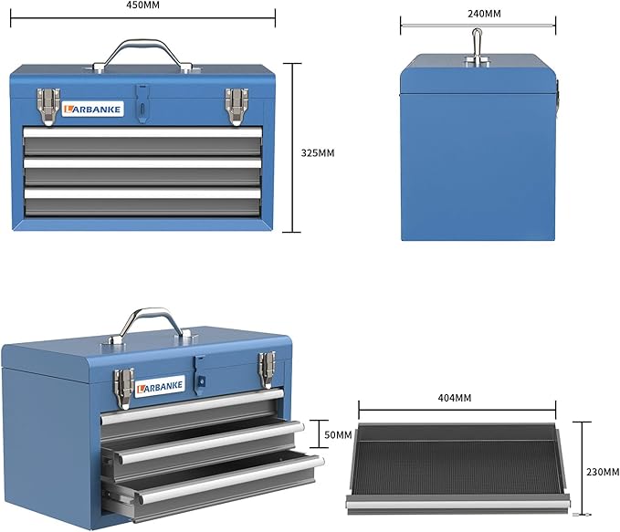 Metal Tool Box,3 Drawer Tool Box with Top Storage Tray, Portable Tool Chest with Locking System and Drawer Liner, Hand Carrying Tool Chest for Garage,Home or Workbench