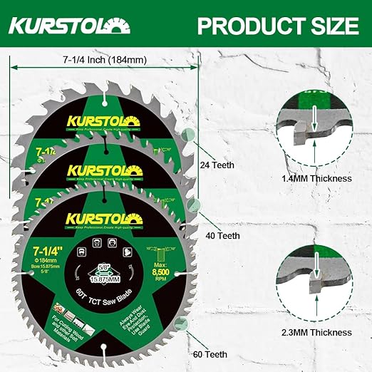 Circular Saw Blade 7-1/4 Inch - 24&40&60T ABT Wood Cutting Saw Blade with 5/8” Arbor for Wood, Plastic, Plywood, Particle Boards, Multilayer Boards(3 Pack)
