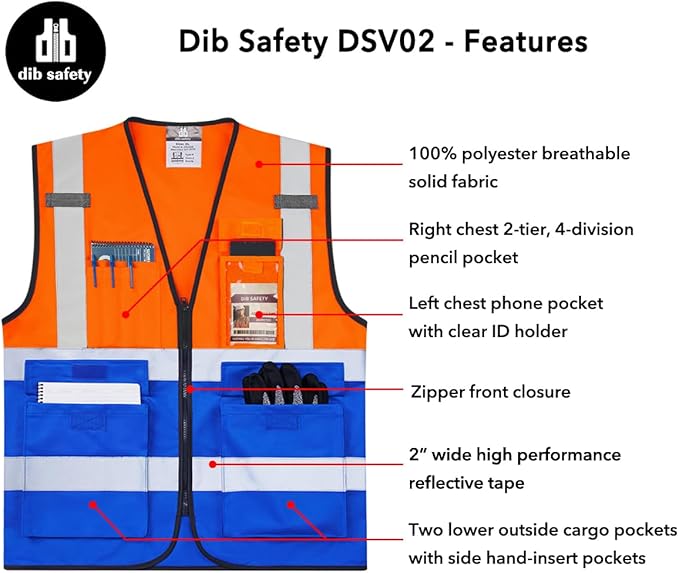 Dib Safety Reflective Vest High Visibility with Pockets and Zipper, Orange and Blue 3XL