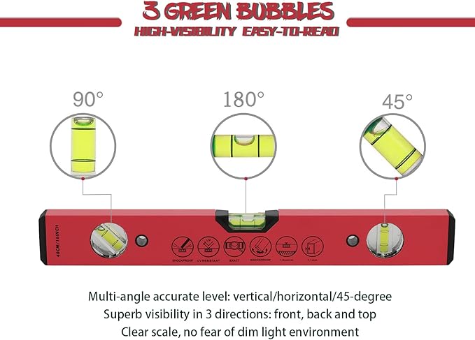 BETHEL Torpedo Level, 16" Magnetic Torpedo Spirit Level Tool with 3 Vials, 45°/90°/180°Degrees, Aluminum Shockproof Bubble Level, High Visibility Red Durable Measuring Leveler