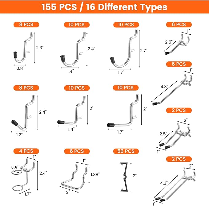 Pegboard Organizer Accessories Kit 155 PCS, Peg Board Hooks Assortment with Bins, Baskets for 1/4 inch Pegboard Wall Organizer, Garage Organization, Workbench, Craft Room, Hanging Tools