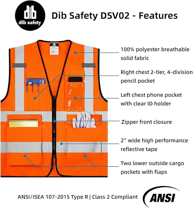 Dib Safety Vest Reflective ANSI Class 2, High Visibility Vest with Pockets and Zipper, Construction Work Vest Hi Vis Orange L