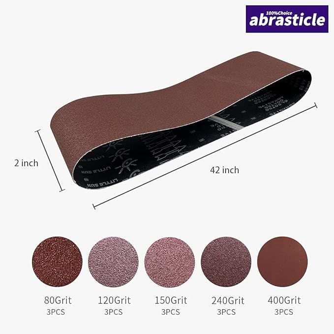 15 Pcs 2 x 42 Inch Assorted Aluminum Oxide Sanding Belt - 80/120/150/240/400 Grit