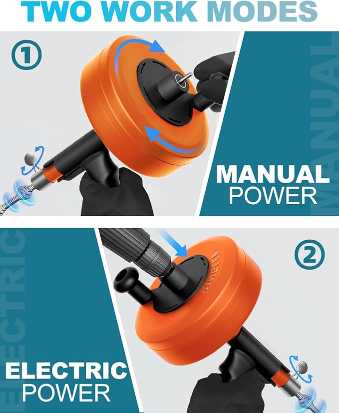 Drain Auger, Plumbing Snake with Drill Adapter, 25 ft Flexible Drain Snake Clog Removal Tool Use Manually or Powered for Kitchen Bathroom Shower Sink, Come with Gloves and Cloth Bag (Orange)