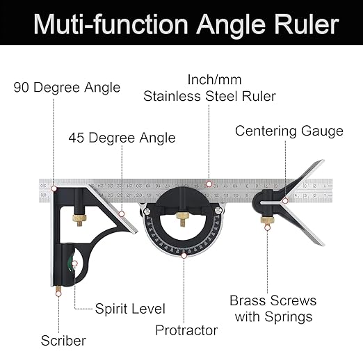 Combination Square,12 Inch Combination Square Angle Ruler, Stainless Steel Adjustable Angle Square, 90 Degree Right Angle Ruler