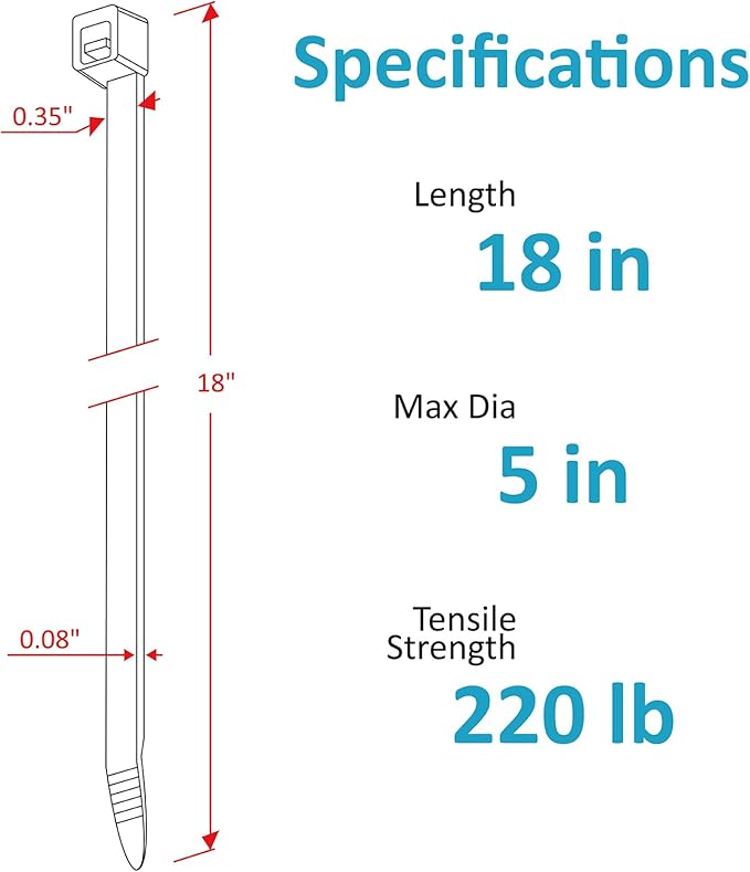 Skalon Large Zip Ties 18 Inch (500 Pack) - Heavy Duty, 220 lb Tensile Strength, Black Cable Ties, Extra Long Wire Ties