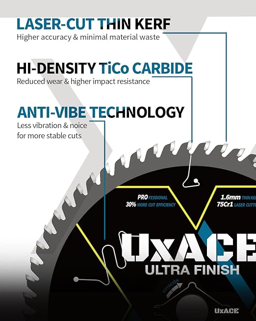 6-1/2-Inch 60-Tooth Circular Saw Blade with 5/8-Inch Arbor, Ultra Finish Wood Cutting, Carbide Tip, Thin Kerf, for Plywood, MDF, OSB, Laminated, 2 Pack