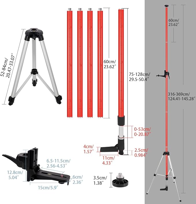 12 Ft./3.7M Professional Lasers Level Pole with Tripod, Adjustable Telescoping Pole for Leveling Tools, Multi-functional Fine-tuning Bracket with 1/4” and 5/8” Thread Adapters, Includes Carrying Bag