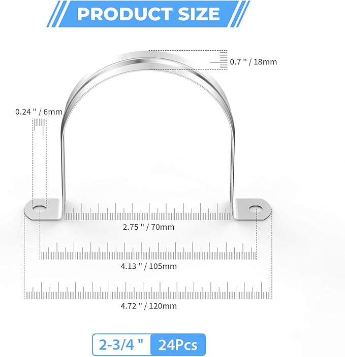 24Pcs 2 3/4 Inch (70mm) 304 Stainless Steel Conduit Clamps, U-Tube Strap Pipe Clamp 2 Hole Strap U Bracket Rigid Pipe Metal Conduit Strap Tension Clips U-tube Clamp
