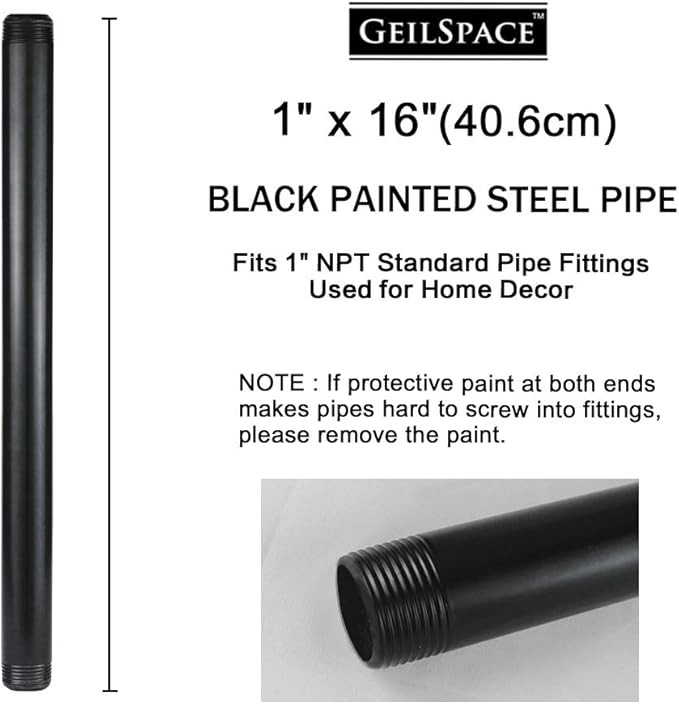 GeilSpace 1" × 16" Pre-Cut Black Metal Pipe, Industrial Steel Fits Standard One Inch Black Threaded Pipes and Fittings - Vintage DIY Industrial Shelving (1" × 16")