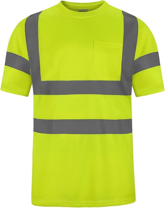 High Visibility Class 3 T Shirts，Hi Vis Safety Shirts with Reflective Strips and Pocket, Short Sleeve Quick Dry Mesh Construction Work Shirt for Men/Women Lime,4XL
