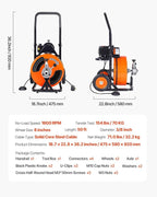 VEVOR Drain Cleaning Machine 50 FT x 3/8 Inch, Sewer Snake Machine Auto Feed, Drain Auger Cleaner with 4 Cutter & Air-Activated Foot Switch for 1" to 4" Pipes, Orange, Black