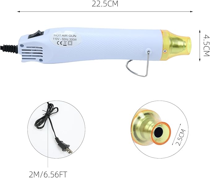 Heat Gun, 110V 300W Handed Hot Air Gun, 3.28FT Ultra-Long Cable Portable Heat Gun with Stand and Power Cord for Shrinking Wrapping PVC, DIY Embossing and Drying Paint (White)