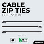 BEST CONNECTIONS Black Cable Ties – 1,000 Pcs Cable Zip Ties 8 Inch with Screw Down Hole for Mounting- Strong Nylon Wire Ties with 50 Lbs Tensile Strength – Cable Management Ties for Outdoor & Indoor