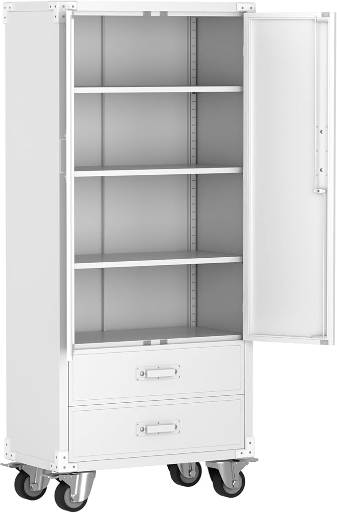 Aobabo Metal Storage Cabinet with 2 Large Drawer, Lockable Steel Storage Cabinet with 3 Adjustable Shelves, for Home, Office, Garage, Classroom, White, Assembly Required