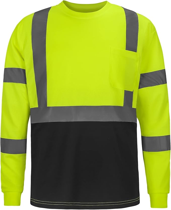 High Visibility Class 3 T Shirts，Hi Vis Safety Shirts with Reflective Strips and Pocket, Long Sleeve Quick Dry Mesh Construction Work Shirt for Men/Women Black Bottom Lime,Large