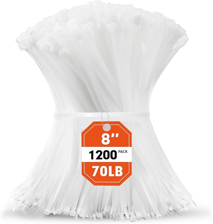 Zip Ties, RAZCC 1200pcs White Cable Zip Ties 8 Inch, Heavy Duty Plastic Wire Ties with 70lb Tensile Strength, Self-Locking White Nylon Tie Wraps for Indoor and Outdoor